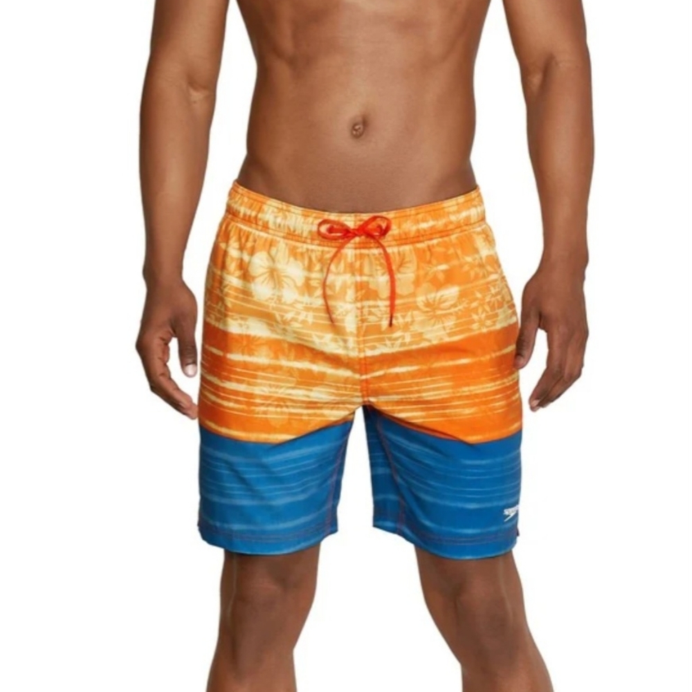 Speedo Orange and Blue Floral Board Shorts with Color Block Design